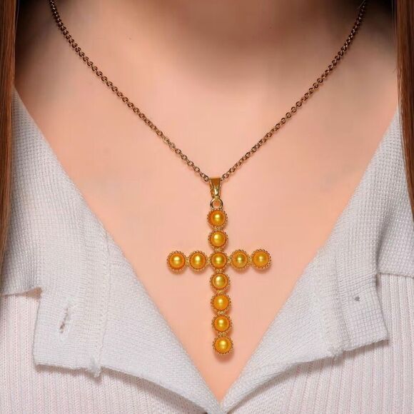 Golden Freshwater Pearl Cross Pendant 20” Necklace New - Picture 2 of 6